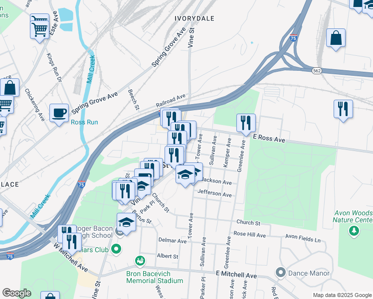 map of restaurants, bars, coffee shops, grocery stores, and more near 4940 Vine Street in Cincinnati