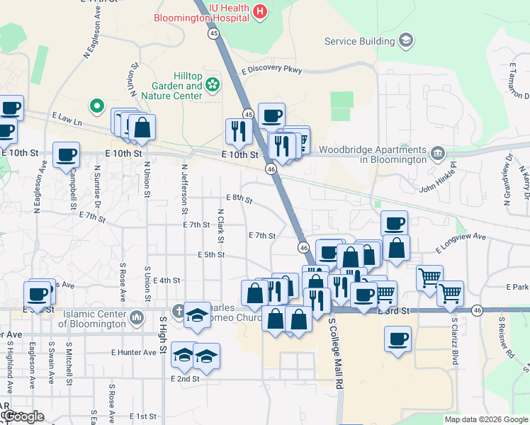 map of restaurants, bars, coffee shops, grocery stores, and more near 2536 Eastgate Lane in Bloomington