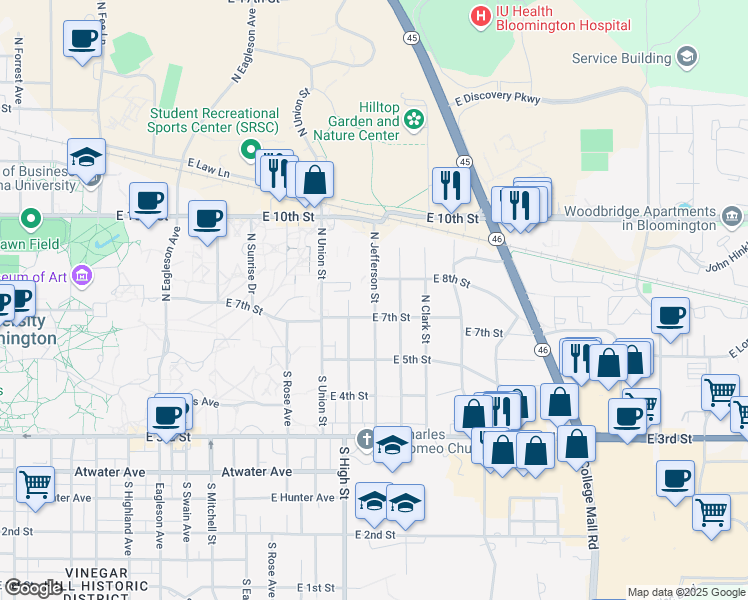 map of restaurants, bars, coffee shops, grocery stores, and more near 403 North Roosevelt Street in Bloomington