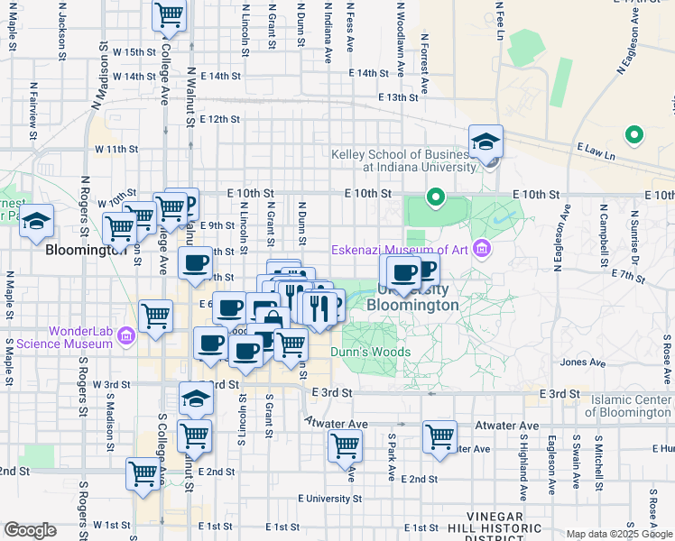 map of restaurants, bars, coffee shops, grocery stores, and more near 624 East 8th Street in Bloomington