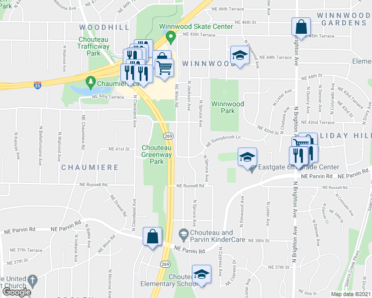 map of restaurants, bars, coffee shops, grocery stores, and more near 4133 Northeast Winn Road in Kansas City