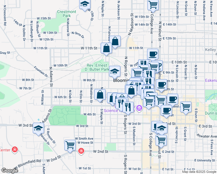map of restaurants, bars, coffee shops, grocery stores, and more near 700 West 7th Street in Bloomington