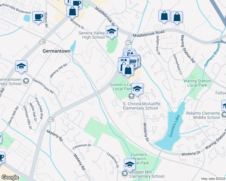 map of restaurants, bars, coffee shops, grocery stores, and more near 12638 Grey Eagle Court in Germantown