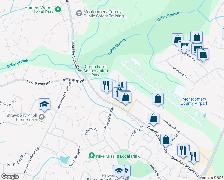 map of restaurants, bars, coffee shops, grocery stores, and more near 18920 Earhart Court in Gaithersburg