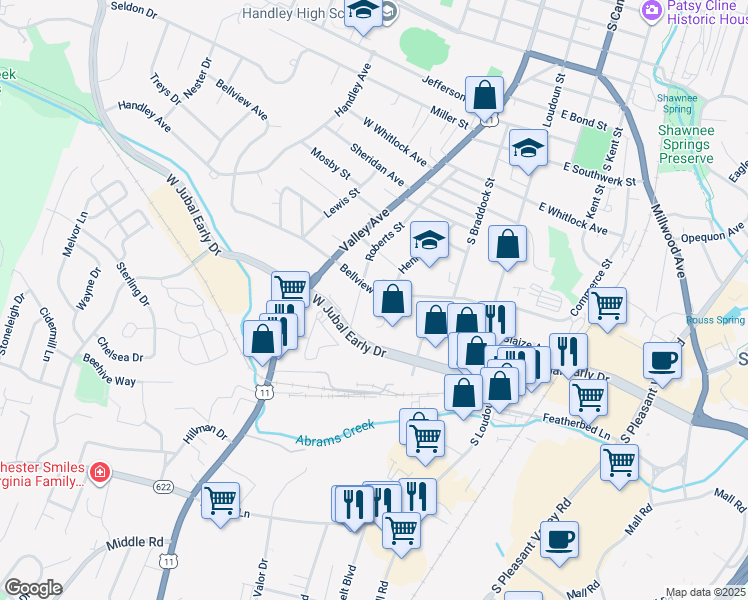 map of restaurants, bars, coffee shops, grocery stores, and more near 207 Bellview Avenue in Winchester