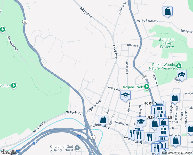 map of restaurants, bars, coffee shops, grocery stores, and more near 1942 Kentucky Avenue in Cincinnati