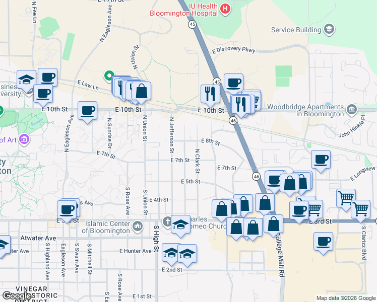 map of restaurants, bars, coffee shops, grocery stores, and more near 312 North Roosevelt Street in Bloomington