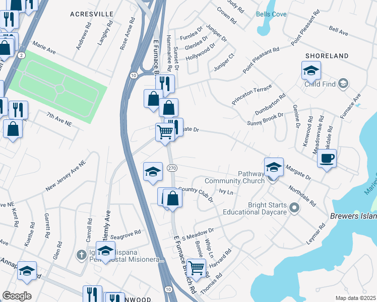 map of restaurants, bars, coffee shops, grocery stores, and more near 7355 East Furnace Branch Road in Glen Burnie