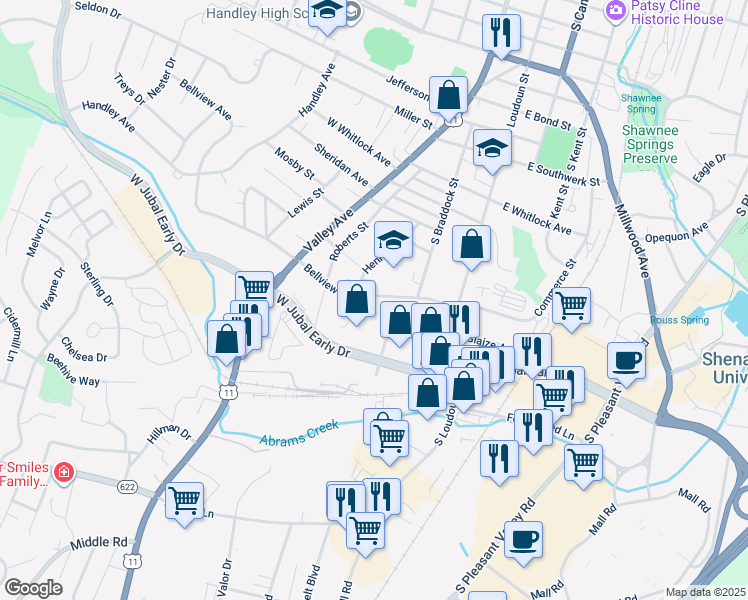 map of restaurants, bars, coffee shops, grocery stores, and more near 119 Bellview Avenue in Winchester