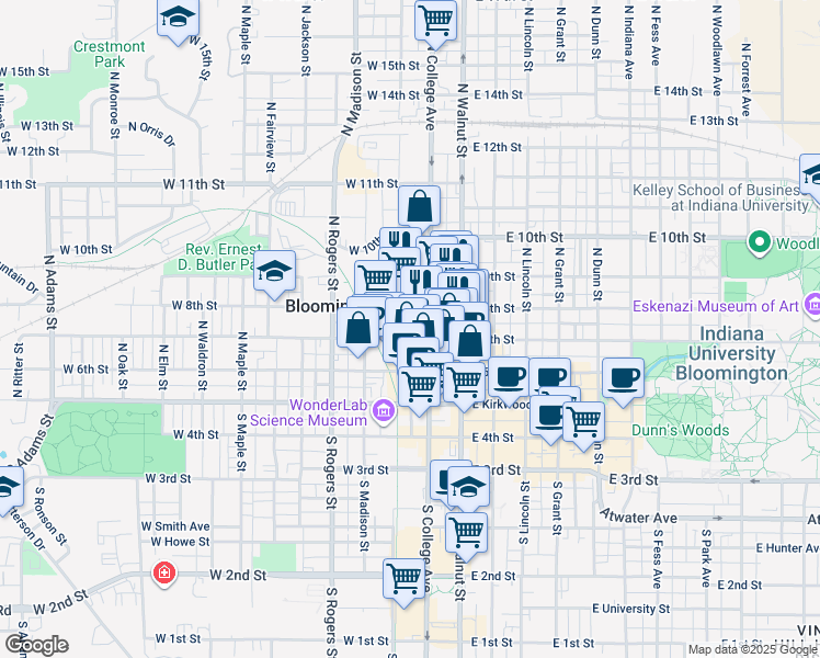 map of restaurants, bars, coffee shops, grocery stores, and more near 214 West 7th Street in Bloomington