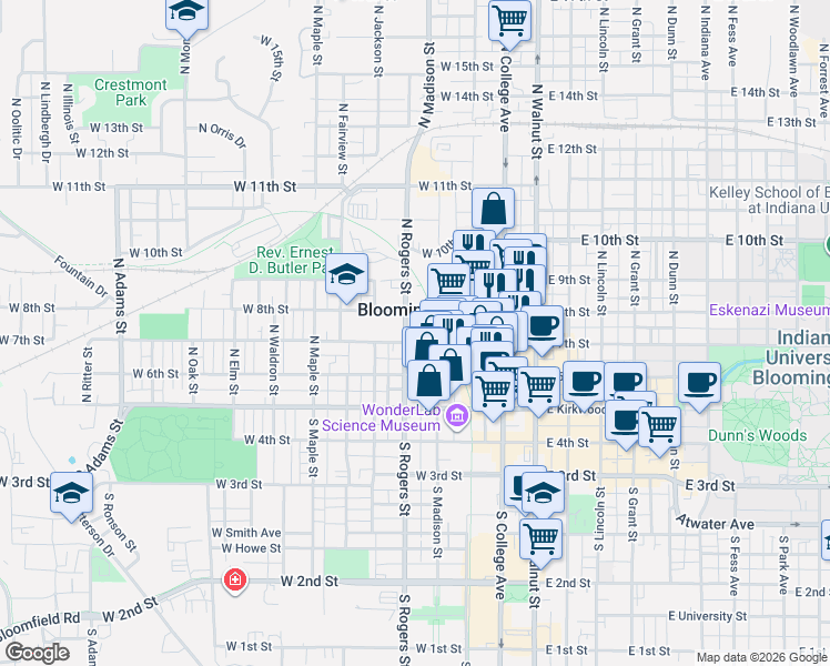 map of restaurants, bars, coffee shops, grocery stores, and more near in Bloomington