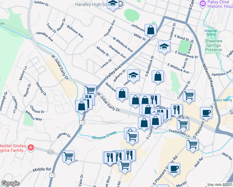 map of restaurants, bars, coffee shops, grocery stores, and more near 207 Bellview Avenue in Winchester