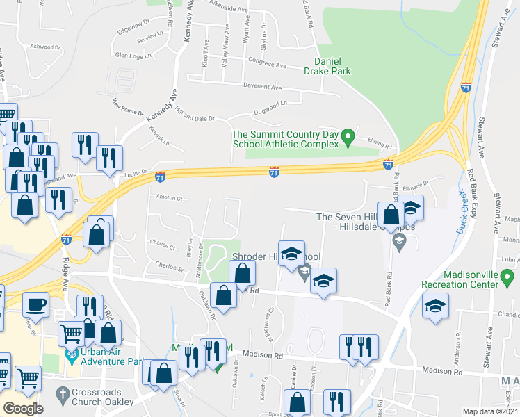 map of restaurants, bars, coffee shops, grocery stores, and more near 4999 Kingsley Drive in Cincinnati