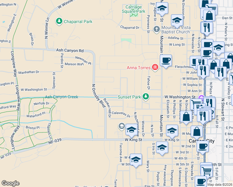 map of restaurants, bars, coffee shops, grocery stores, and more near 4 Yorktown Drive in Carson City
