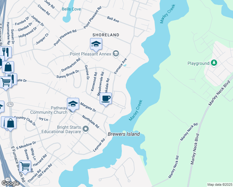 map of restaurants, bars, coffee shops, grocery stores, and more near 360 Gatewater Court in Glen Burnie