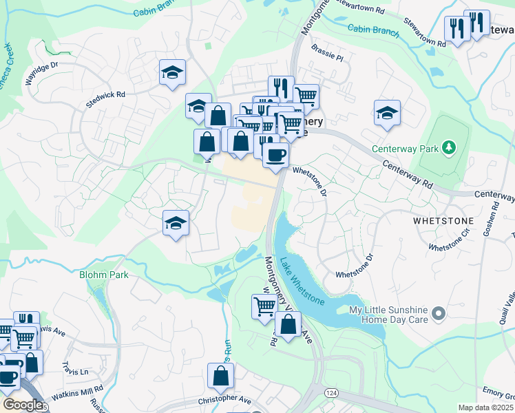 map of restaurants, bars, coffee shops, grocery stores, and more near 10006 Stedwick Road in Montgomery Village