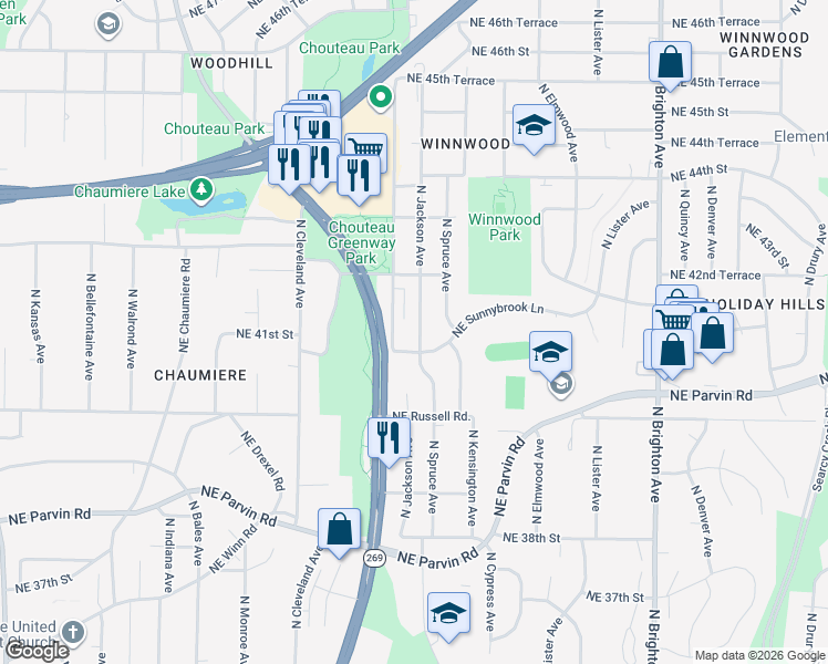 map of restaurants, bars, coffee shops, grocery stores, and more near 4116 North Jackson Avenue in Kansas City