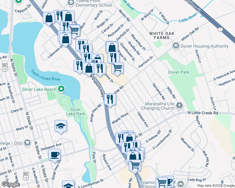 map of restaurants, bars, coffee shops, grocery stores, and more near 804 White Oak Road in Dover