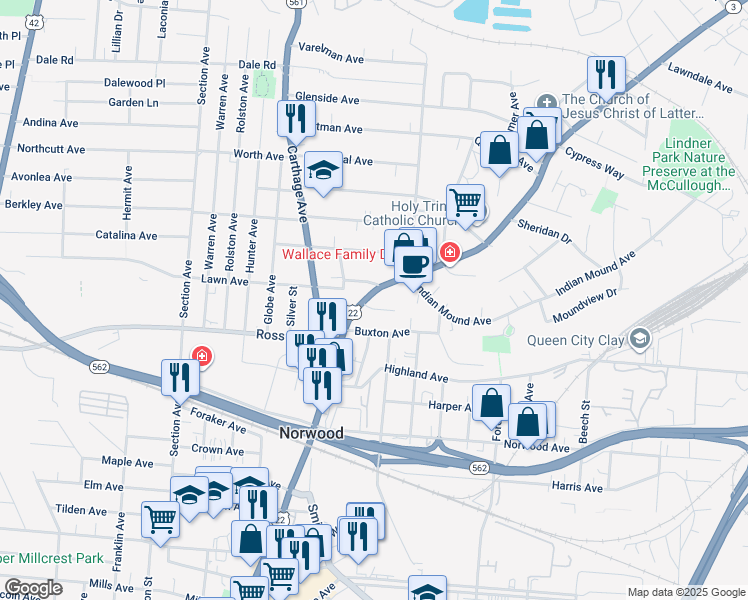 map of restaurants, bars, coffee shops, grocery stores, and more near 5159 Montgomery Road in Norwood