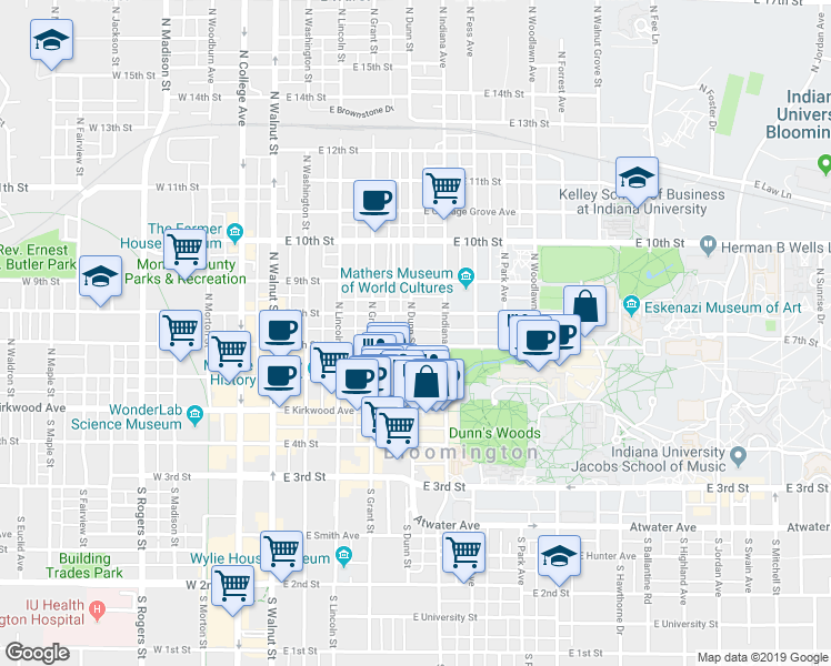 map of restaurants, bars, coffee shops, grocery stores, and more near 515 East 8th Street in Bloomington