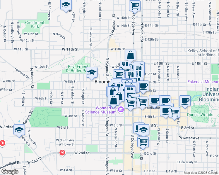 map of restaurants, bars, coffee shops, grocery stores, and more near in Bloomington