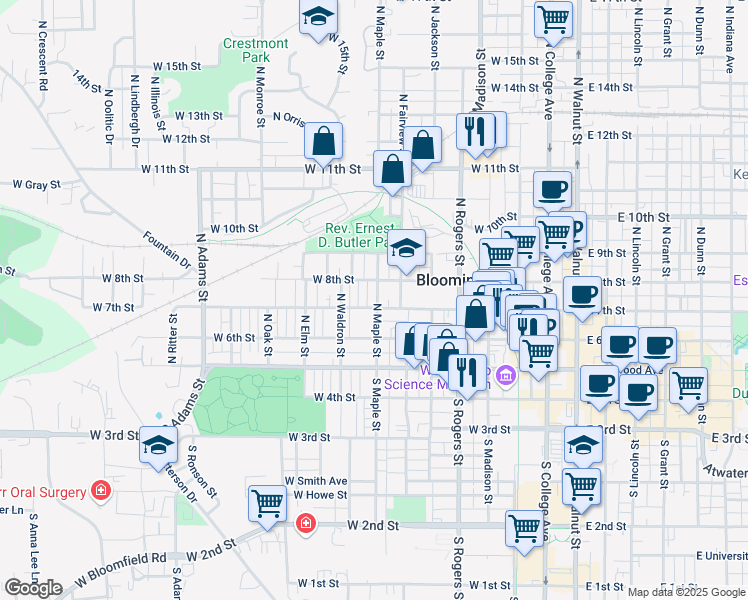 map of restaurants, bars, coffee shops, grocery stores, and more near 807 West 8th Street in Bloomington