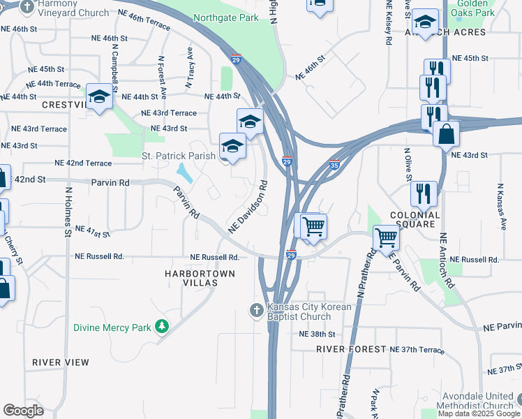 map of restaurants, bars, coffee shops, grocery stores, and more near 4133 Northeast Davidson Road in Kansas City