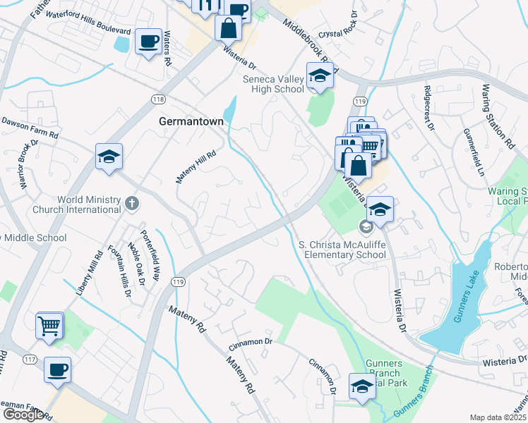 map of restaurants, bars, coffee shops, grocery stores, and more near 19117 Grotto Lane in Germantown