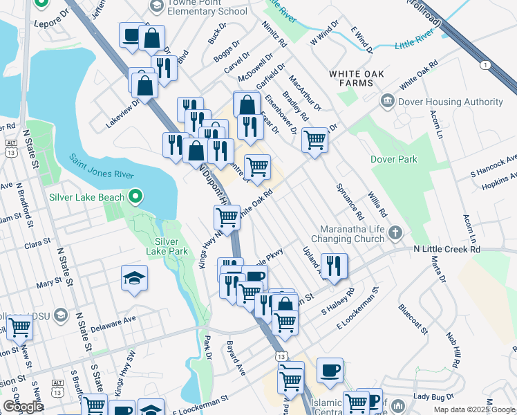 map of restaurants, bars, coffee shops, grocery stores, and more near 804 White Oak Road in Dover