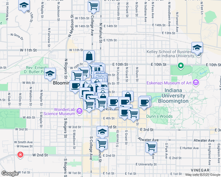 map of restaurants, bars, coffee shops, grocery stores, and more near 308 North Washington Street in Bloomington