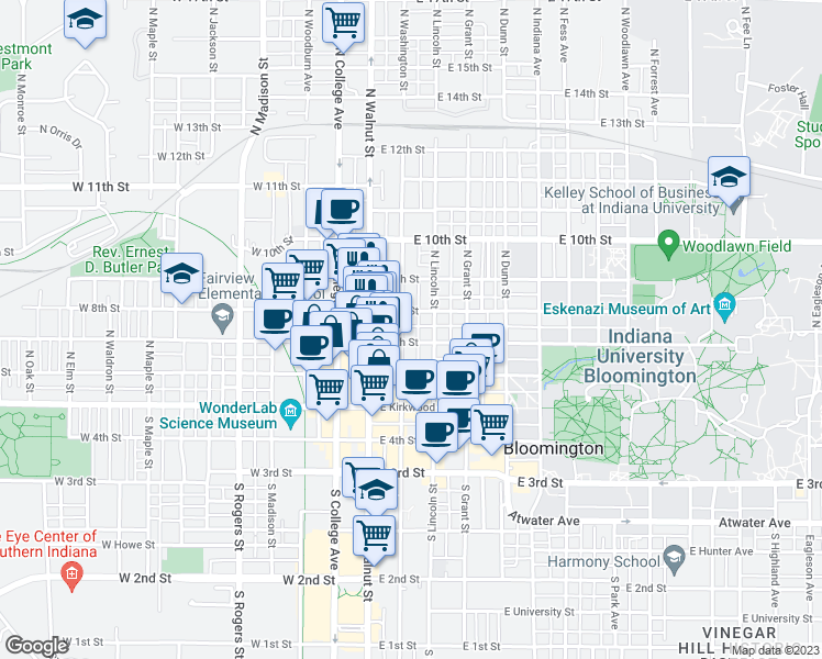 map of restaurants, bars, coffee shops, grocery stores, and more near 312 North Washington Street in Bloomington