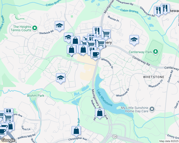 map of restaurants, bars, coffee shops, grocery stores, and more near 10008 Stedwick Road in Montgomery Village