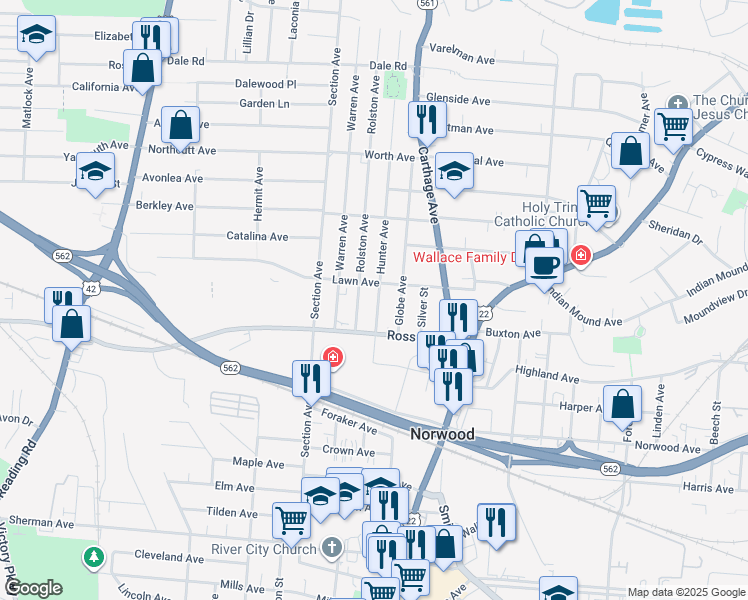 map of restaurants, bars, coffee shops, grocery stores, and more near 5142 Rolston Avenue in Cincinnati