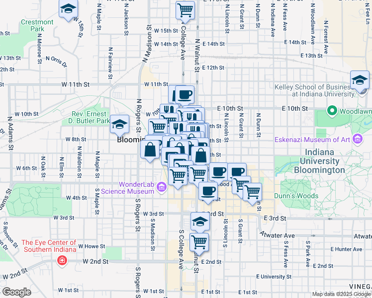 map of restaurants, bars, coffee shops, grocery stores, and more near 318 North College Avenue in Bloomington