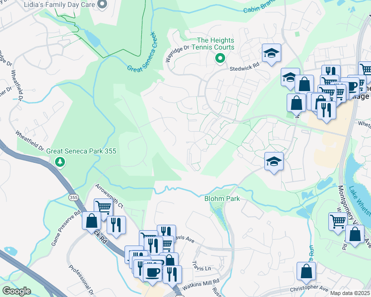 map of restaurants, bars, coffee shops, grocery stores, and more near 19052 Capehart Drive in Montgomery Village