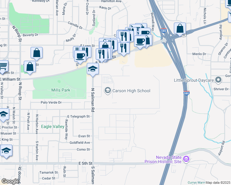 map of restaurants, bars, coffee shops, grocery stores, and more near 1111 North Saliman Road in Carson City