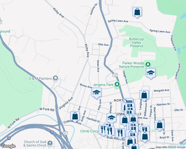 map of restaurants, bars, coffee shops, grocery stores, and more near 1711 Glen Parker Avenue in Cincinnati