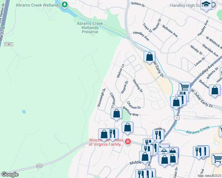 map of restaurants, bars, coffee shops, grocery stores, and more near 1982 Cidermill Lane in Winchester
