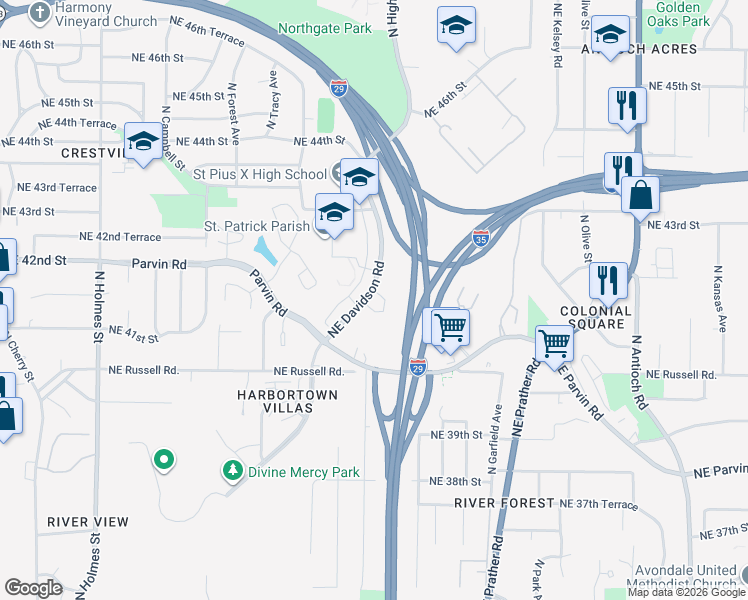 map of restaurants, bars, coffee shops, grocery stores, and more near 4123 Northeast Davidson Road in Kansas City