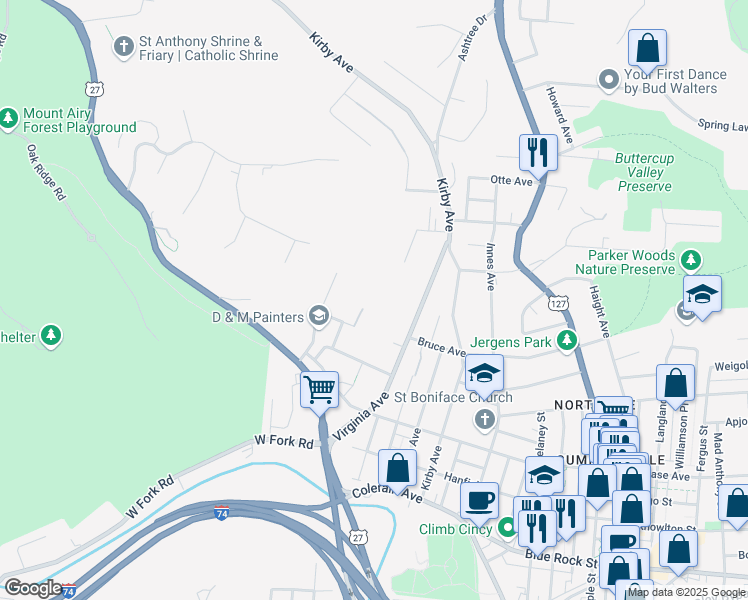 map of restaurants, bars, coffee shops, grocery stores, and more near 1942 Kentucky Avenue in Cincinnati