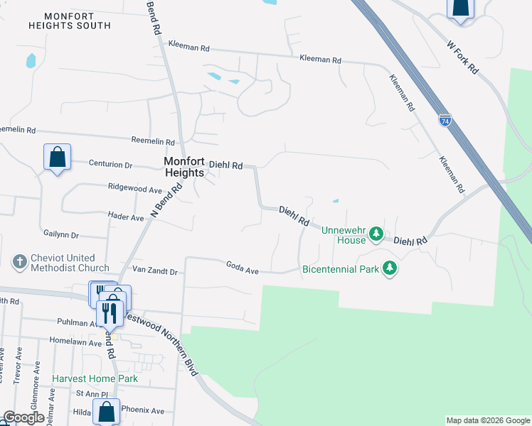 map of restaurants, bars, coffee shops, grocery stores, and more near 3120 Diehl Road in Cincinnati