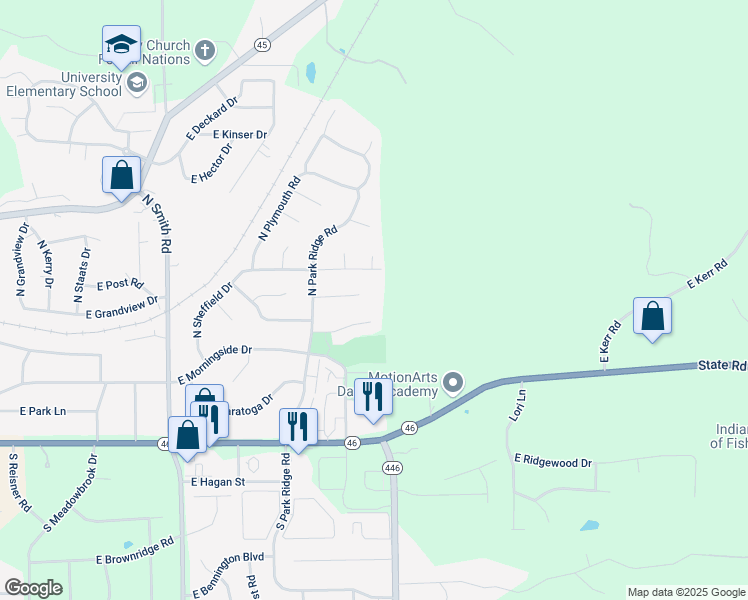 map of restaurants, bars, coffee shops, grocery stores, and more near 4534 East Sheffield Drive in Bloomington