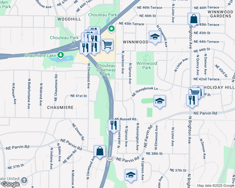 map of restaurants, bars, coffee shops, grocery stores, and more near 4133 Northeast Winn Road in Kansas City