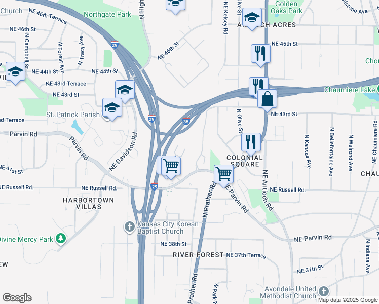 map of restaurants, bars, coffee shops, grocery stores, and more near 1850-2084 Northeast Parvin Road in Kansas City