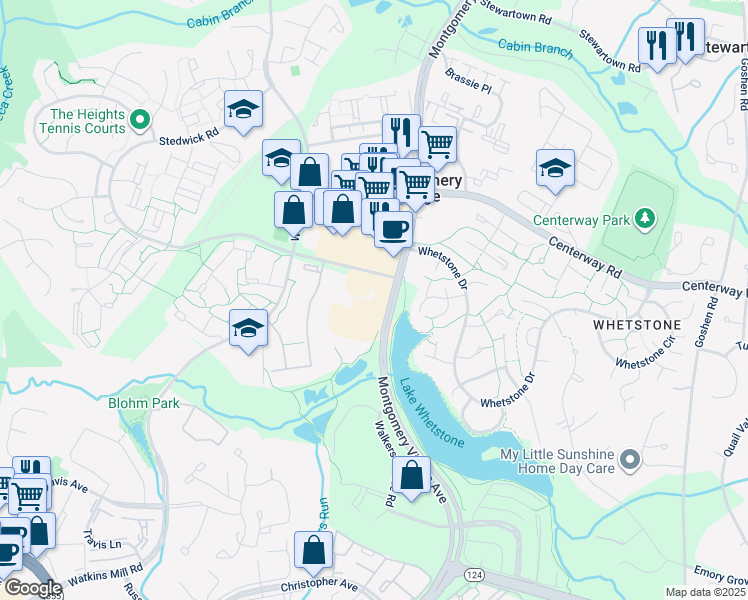 map of restaurants, bars, coffee shops, grocery stores, and more near 10006 Stedwick Road in Montgomery Village