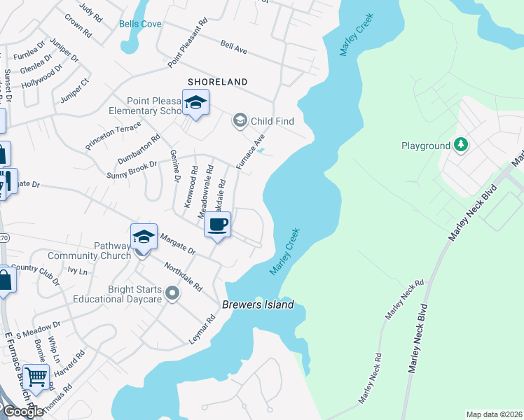 map of restaurants, bars, coffee shops, grocery stores, and more near 357 Gatewater Court in Glen Burnie