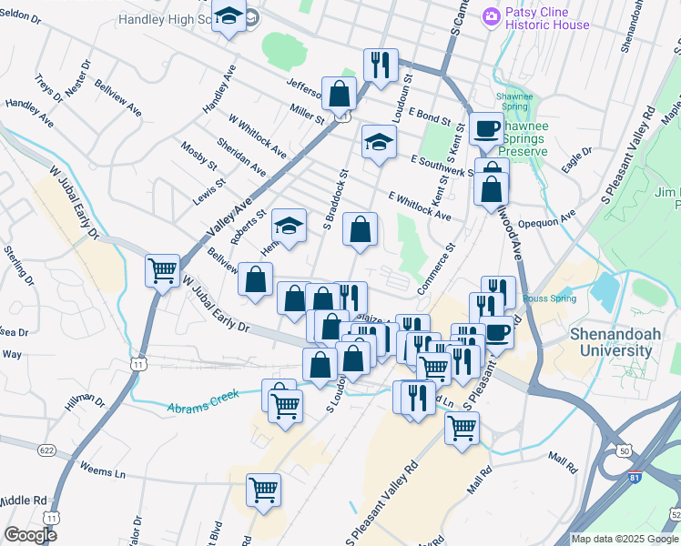 map of restaurants, bars, coffee shops, grocery stores, and more near 1640 South Braddock Street in Winchester
