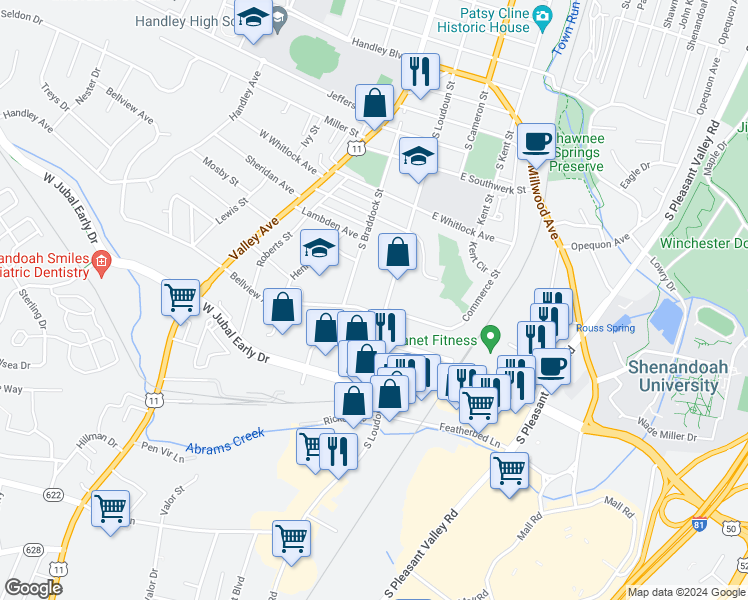 map of restaurants, bars, coffee shops, grocery stores, and more near 1640 South Braddock Street in Winchester