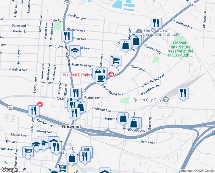 map of restaurants, bars, coffee shops, grocery stores, and more near 2325 O Brien Place in Cincinnati