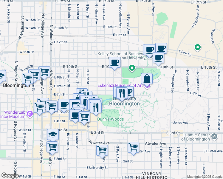 map of restaurants, bars, coffee shops, grocery stores, and more near 402 North Park Avenue in Bloomington